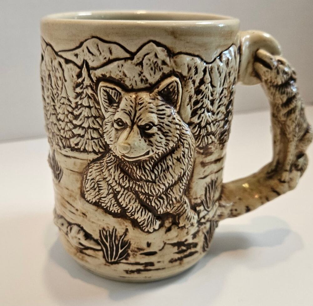 Stoneware Ceramic Mug 3-D emobossed relief howling wolves, forest, wolf handle